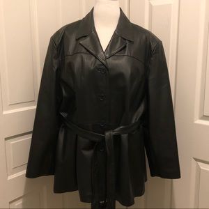 OUTBROOK Belted Black Leather Trench Coat